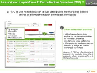 DOCUMENT CLASSIFICATION:
ECOVADIS® CONFIDENTIAL – INTERNAL USE
El Plan de Medidas Correctivas
• Utilice los resultados de su
evaluación para elaborar un Plan
de Medidas Correctivas
directamente en su plataforma
• Comparta sus acciones con sus
clientes y tenga en cuenta sus
demandas específicas
Observe: El PMC no influirá la ficha de
evaluación (los resultados de su ficha de
evaluación reflejan su desempeño en la
RSE en el momento en
19
El PMC es una herramienta con la cual usted puede informar a sus clientes
acerca de su implementación de medidas correctivas
Inicio
Herramientas
disponibles
• Vídeo de
introducción
• Manual de usuario
La suscripción a la plataforma: El Plan de Medidas Correctivas (PMC)
 