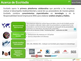 DOCUMENT CLASSIFICATION:
ECOVADIS® CONFIDENTIAL – INTERNAL USE
Acerca de EcoVadis
• “Las empresas deberían utilizar bases de datos como la de EcoVadis puesto
que recopilan y difunden datos sobre los proveedores y proporcionan a los
compradores una herramienta integrada de evaluación de los proveedores
basándose en indicadores del desarrollo sostenible.”
Informe de las Naciones Unidas “Unchaining Value” - septiembre de 2008
Reconocimiento
internacional
• Evaluaciones de empresas en 110 países
• Servicio disponible en 8 idiomas
Presencia a nivel
mundial
• DJSI, GRI, INSEAD, HEC...trabajan con EcoVadis para mejorar la metodología
Comité científico
internacional
Asociación y
afiliación a
organizaciones
líderes
27
EcoVadis opera la primera plataforma colaborativa que permite a las empresas
evaluar el desempeño medioambiental y social de sus proveedores de manera global.
EcoVadis combina conocimientos especializados en tecnología y en la
Responsabilidad Social Empresarial (RSE) para elaborar análisis simples y fiables.
Inicio
 