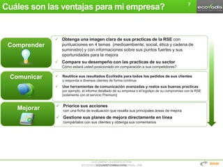 DOCUMENT CLASSIFICATION:
ECOVADIS® CONFIDENTIAL – INTERNAL USEECOVADIS® CONFIDENTIAL
Cuáles son las ventajas para mi empresa?
 Obtenga una imagen clara de sus practicas de la RSE con
puntuaciones en 4 temas (medioambiente, social, ética y cadena de
suministro) y con informaciones sobre sus puntos fuertes y sus
oportunidades para la mejora
 Compare su desempeño con las practicas de su sector
Cómo estará usted posicionado en comparación a sus competidores?
 Reutilice sus resultados EcoVadis para todos los pedidos de sus clientes
y responda a diversos clientes de forma continua
 Use herramientas de comunicación avanzadas y realce sus buenas practicas
por ejemplo, el informe detallado de su empresa o el logotipo de su compromiso con la RSE
[solamente con el servicio Premium]
 Priorice sus acciones
con una ficha de evaluación que resalta sus principales áreas de mejora
 Gestione sus planes de mejora directamente en línea
compártalos con sus clientes y obtenga sus comentarios
Mejorar
Comunicar
Comprender
Actualiza
7
Inicio
 