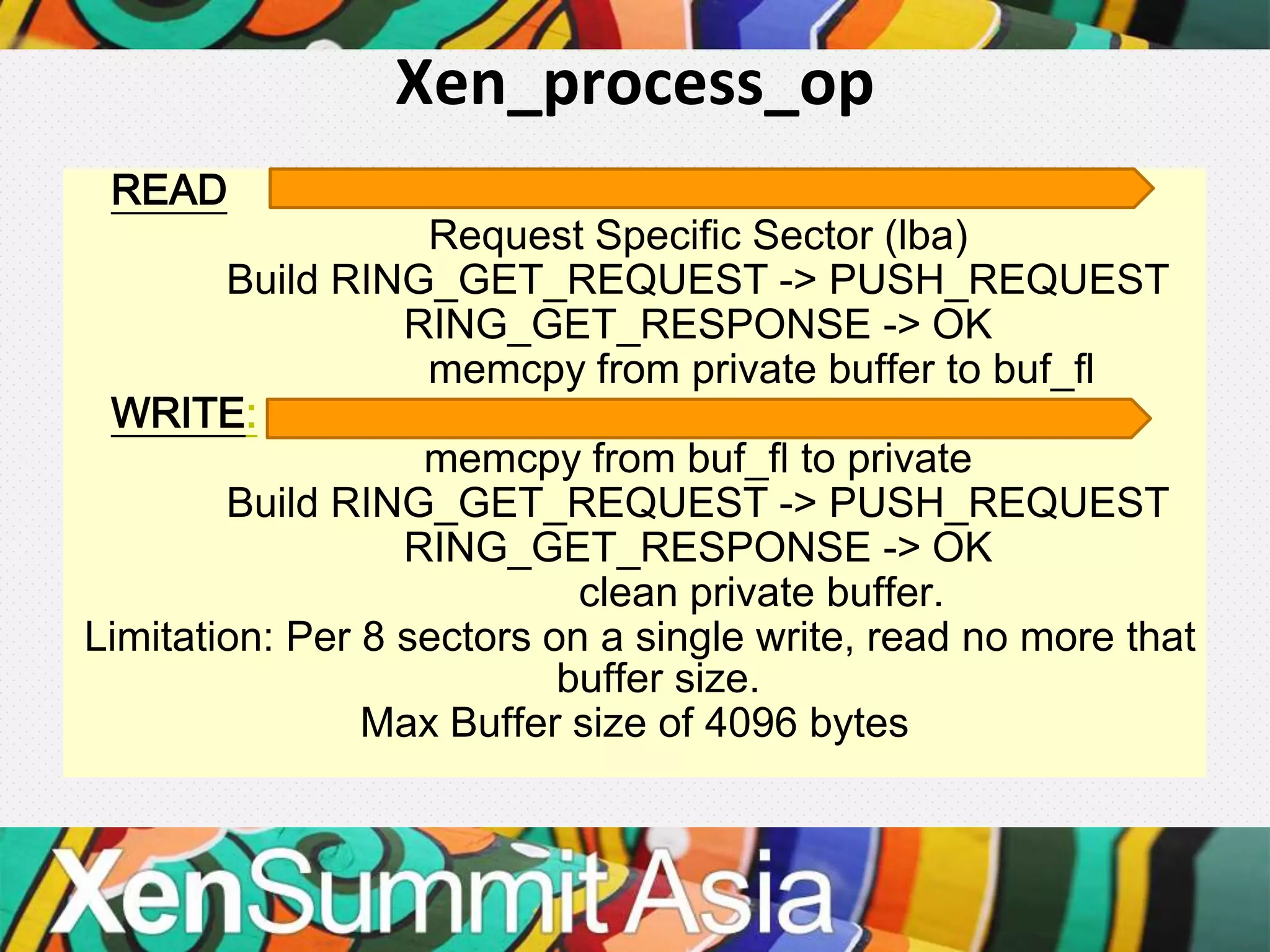 Xen_process_op
 READ
                   Request Specific Sector (lba)
        Build RING_GET_REQUEST -> PUSH_REQUEST
                  RING_GET_RESPONSE -> OK
                   memcpy from private buffer to buf_fl
 WRITE:
                   memcpy from buf_fl to private
        Build RING_GET_REQUEST -> PUSH_REQUEST
                  RING_GET_RESPONSE -> OK
                            clean private buffer.
Limitation: Per 8 sectors on a single write, read no more that
                           buffer size.
                Max Buffer size of 4096 bytes
 