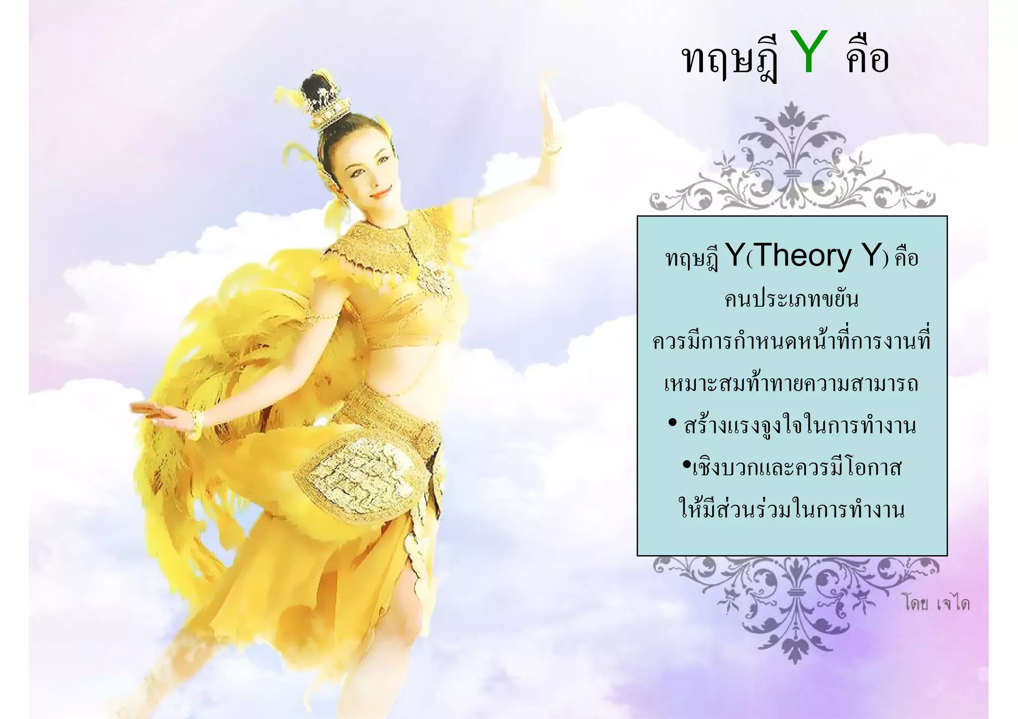 ทฤษฎี Y คือ


 ทฤษฎี Y(Theory Y) คือ
         คนประเภทขยัน
ควรมีการกําหนดหนาที่การงานที่
 เหมาะสมทาทายความสามารถ
  • สรางแรงจูงใจในการทํางาน
    •เชิงบวกและควรมีโอกาส
   ใหมีสวนรวมในการทํางาน
 
