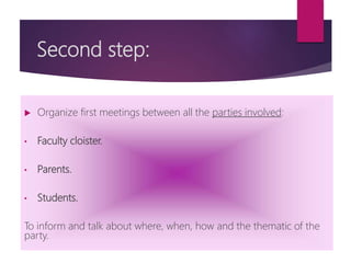 Second step:
 Organize first meetings between all the parties involved:
• Faculty cloister.
• Parents.
• Students.
To inform and talk about where, when, how and the thematic of the
party.
 