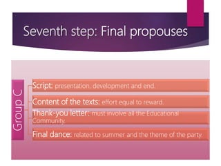 Seventh step: Final propouses
GroupC
Script: presentation, development and end.
Content of the texts: effort equal to reward.
Thank-you letter: must involve all the Educational
Community.
Final dance: related to summer and the theme of the party.
 