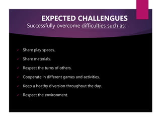 EXPECTED CHALLENGUES
Successfully overcome difficulties such as:
 Share play spaces.
 Share materials.
 Respect the turns of others.
 Cooperate in different games and activities.
 Keep a heathy diversion throughout the day.
 Respect the environment.
 
