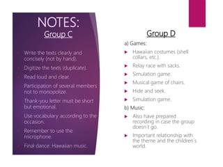 NOTES:
Group C
a) Games:
 Hawaiian costumes (shell
collars, etc.).
 Relay race with sacks.
 Simulation game.
 Musical game of chairs.
 Hide and seek.
 Simulation game.
b) Music:
 Also have prepared
recording in case the group
doesn´t go.
 Important relationship with
the theme and the children´s
world.
 Write the texts clearly and
concisely (not by hand).
 Digitize the texts (duplicate).
 Read loud and clear.
 Participation of several members
not to monopolize.
 Thank-you letter must be short
but emotional.
 Use vocabulary according to the
occasion.
 Remember to use the
microphone.
 Final dance: Hawaiian music.
Group D
 