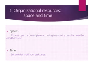 1. Organizational resources:
space and time
 Space:
Choose open or closed place according to capacity, possible weather
conditions, etc.
 Time:
Set time for maximum assistance.
 