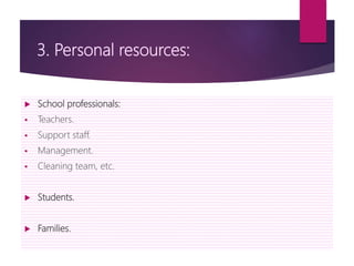 3. Personal resources:
 School professionals:
 Teachers.
 Support staff.
 Management.
 Cleaning team, etc.
 Students.
 Families.
 