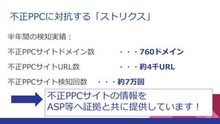 不正PPCに対抗する「ストリクス」
半年間の検知実績：
不正PPCサイトドメイン数 ・・・760ドメイン
不正PPCサイトURL数 ・・・約4千URL
不正PPCサイト検知回数 ・・・約7万回
14
不正PPCサイトの情報を
ASP等へ証拠と共に提供しています！
 