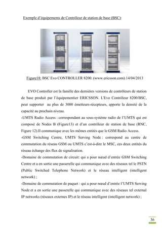 36
Exemple d’équipements de Contrôleur de station de base (BSC):
Figure18: BSC Evo CONTROLLER 8200. (www.ericsson.com).14/04/2013
EVO Controller est la famille des dernières versions de contrôleurs de station
de base produit par l’équipementier ERICSSON. L'Evo Contrôleur 8200/BSC,
peut supporter au plus de 3000 émetteurs-récepteurs, apporte la densité de la
capacité au prochain niveau.
-UMTS Radio Access : correspondant au sous-système radio de l’UMTS qui est
composé de Nodes B (Figure13) et d’un contrôleur de station de base (RNC,
Figure 12).Il communique avec les mêmes entités que le GSM Radio Access.
-GSM Switching Centre, UMTS Serving Node : correspond au centre de
commutation du réseau GSM ou UMTS c’est-à-dire le MSC, ces deux entités du
réseau échange des flux de signalisation.
-Domaine de commutation de circuit: qui a pour nœud d’entrée GSM Switching
Centre et a en sortie une passerelle qui communique avec des réseaux tel le PSTN
(Public Switched Telephone Network) et le réseau intelligent (intelligent
network) ;
-Domaine de commutation de paquet : qui a pour nœud d’entrée l’UMTS Serving
Node et a en sortie une passerelle qui communique avec des réseaux tel external
IP networks (réseaux externes IP) et le réseau intelligent (intelligent network) ;
 