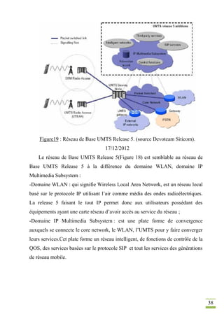 38
Figure19 : Réseau de Base UMTS Release 5. (source Devoteam Siticom).
17/12/2012
Le réseau de Base UMTS Release 5(Figure 18) est semblable au réseau de
Base UMTS Release 5 à la différence du domaine WLAN, domaine IP
Multimedia Subsystem :
-Domaine WLAN : qui signifie Wireless Local Area Network, est un réseau local
basé sur le protocole IP utilisant l’air comme média des ondes radioélectriques.
La release 5 faisant le tout IP permet donc aux utilisateurs possédant des
équipements ayant une carte réseau d’avoir accès au service du réseau ;
-Domaine IP Multimedia Subsystem : est une plate forme de convergence
auxquels se connecte le core network, le WLAN, l’UMTS pour y faire converger
leurs services.Cet plate forme un réseau intelligent, de fonctions de contrôle de la
QOS, des services basées sur le protocole SIP et tout les services des générations
de réseau mobile.
 