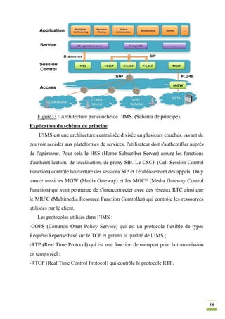 58
Figure33 : Architecture par couche de l’IMS. (Schéma de principe).
Explication du schéma de principe
L'IMS est une architecture centralisée divisée en plusieurs couches. Avant de
pouvoir accéder aux plateformes de services, l'utilisateur doit s'authentifier auprès
de l'opérateur. Pour cela le HSS (Home Subscriber Server) assure les fonctions
d'authentification, de localisation, de proxy SIP. Le CSCF (Call Session Control
Function) contrôle l'ouverture des sessions SIP et l'établissement des appels. On y
trouve aussi les MGW (Media Gateway) et les MGCF (Media Gateway Control
Function) qui vont permettre de s'interconnecter avec des réseaux RTC ainsi que
le MRFC (Multimedia Resource Function Controller) qui contrôle les ressources
utilisées par le client.
Les protocoles utilisés dans l’IMS :
-COPS (Common Open Policy Service) qui est un protocole flexible de types
Requête/Réponse basé sur le TCP et garanti la qualité de l’IMS ;
-RTP (Real Time Protocol) qui est une fonction de transport pour la transmission
en temps réel ;
-RTCP (Real Time Control Protocol) qui contrôle le protocole RTP.
 