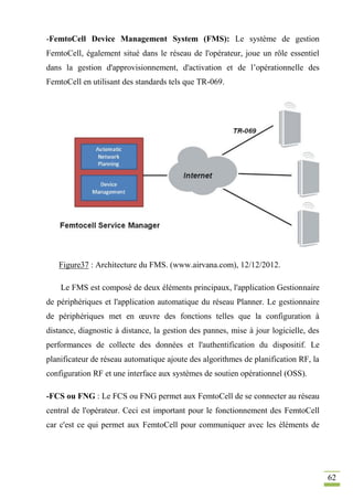 62
-FemtoCell Device Management System (FMS): Le système de gestion
FemtoCell, également situé dans le réseau de l'opérateur, joue un rôle essentiel
dans la gestion d'approvisionnement, d'activation et de l’opérationnelle des
FemtoCell en utilisant des standards tels que TR-069.
Figure37 : Architecture du FMS. (www.airvana.com), 12/12/2012.
Le FMS est composé de deux éléments principaux, l'application Gestionnaire
de périphériques et l'application automatique du réseau Planner. Le gestionnaire
de périphériques met en œuvre des fonctions telles que la configuration à
distance, diagnostic à distance, la gestion des pannes, mise à jour logicielle, des
performances de collecte des données et l'authentification du dispositif. Le
planificateur de réseau automatique ajoute des algorithmes de planification RF, la
configuration RF et une interface aux systèmes de soutien opérationnel (OSS).
-FCS ou FNG : Le FCS ou FNG permet aux FemtoCell de se connecter au réseau
central de l'opérateur. Ceci est important pour le fonctionnement des FemtoCell
car c'est ce qui permet aux FemtoCell pour communiquer avec les éléments de
 