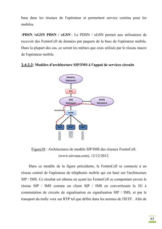 63
base dans les réseaux de l'opérateur et permettent service continu pour les
mobiles.
-PDSN /xGSN PDSN / xGSN : Le PDSN / xGSN permet aux utilisateurs de
recevoir des FemtoCell de données par paquets de la base de l'opérateur mobile.
Dans la plupart des cas, ce seront les mêmes que ceux utilisés par le réseau macro
de l'opérateur mobile.
2-4-2-2: Modèles d'architecture SIP/IMS à l'appui de services circuits
Figure38 : Architectures de modèle SIP/IMS des réseaux FemtoCell.
(www.airvana.com), 12/12/2012.
Dans ce modèle de la figure précédente, le FemtoCell se connecte à un
réseau central de l'opérateur de téléphonie mobile qui est basé sur l'architecture
SIP / IMS. Ce résultat est obtenu en ayant les FemtoCell se comportant envers le
réseau SIP / IMS comme un client SIP / IMS en convertissant la 3G à
commutation de circuits de signalisation en signalisation SIP / IMS, et par le
transport du trafic voix sur RTP tel que défini dans les normes de l'IETF. Afin de
 