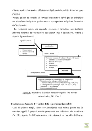 70
-Niveau service : les services offerts seront également disponibles à tous les types
d’accès ;
-Niveau gestion de service : les services fixes-mobiles seront pris en charge par
une plate-forme intégrée de gestion ouverte avec systèmes intégrés de facturation
et d’après-vente.
La réalisation suivra une approche progressive permettant une évolution
uniforme en termes de convergences des réseaux fixes et des services, comme le
décrit la figure suivante :
Figure39 : Scénario d’évolution de la convergence fixe mobile.
(www.itu.int),28/11/2012.
Explication du Scénario d’évolution de la convergence fixe mobile
-Dans un premier temps, l’offre de Convergence Fixe Mobile pourra être un
ensemble appelé 2 postes/1 service permettant aux utilisateurs des terminaux
d’accéder, à partir de différents réseaux et terminaux, à un ensemble d’éléments
 
