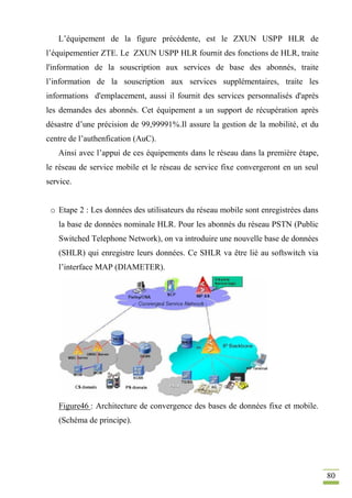 80
L’équipement de la figure précédente, est le ZXUN USPP HLR de
l’équipementier ZTE. Le ZXUN USPP HLR fournit des fonctions de HLR, traite
l'information de la souscription aux services de base des abonnés, traite
l’information de la souscription aux services supplémentaires, traite les
informations d'emplacement, aussi il fournit des services personnalisés d'après
les demandes des abonnés. Cet équipement a un support de récupération après
désastre d’une précision de 99,99991%.Il assure la gestion de la mobilité, et du
centre de l’authenfication (AuC).
Ainsi avec l’appui de ces équipements dans le réseau dans la première étape,
le réseau de service mobile et le réseau de service fixe convergeront en un seul
service.
o Etape 2 : Les données des utilisateurs du réseau mobile sont enregistrées dans
la base de données nominale HLR. Pour les abonnés du réseau PSTN (Public
Switched Telephone Network), on va introduire une nouvelle base de données
(SHLR) qui enregistre leurs données. Ce SHLR va être lié au softswitch via
l’interface MAP (DIAMETER).
Figure46 : Architecture de convergence des bases de données fixe et mobile.
(Schéma de principe).
 