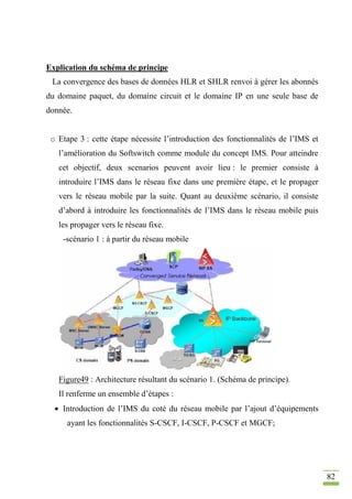 82
Explication du schéma de principe
La convergence des bases de données HLR et SHLR renvoi à gérer les abonnés
du domaine paquet, du domaine circuit et le domaine IP en une seule base de
donnée.
o Etape 3 : cette étape nécessite l’introduction des fonctionnalités de l’IMS et
l’amélioration du Softswitch comme module du concept IMS. Pour atteindre
cet objectif, deux scenarios peuvent avoir lieu : le premier consiste à
introduire l’IMS dans le réseau fixe dans une première étape, et le propager
vers le réseau mobile par la suite. Quant au deuxième scénario, il consiste
d’abord à introduire les fonctionnalités de l’IMS dans le réseau mobile puis
les propager vers le réseau fixe.
-scénario 1 : à partir du réseau mobile
Figure49 : Architecture résultant du scénario 1. (Schéma de principe).
Il renferme un ensemble d’étapes :
 Introduction de l’IMS du coté du réseau mobile par l’ajout d’équipements
ayant les fonctionnalités S-CSCF, I-CSCF, P-CSCF et MGCF;
 
