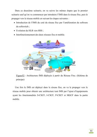 84
Dans ce deuxième scénario, on va suivre les mêmes étapes que le premier
scénario sauf qu’on va commencer par introduire l’IMS dans le réseau fixe, puis le
propager vers le réseau mobile en suivant les étapes suivantes :
 Introduction de l’IMS du coté du réseau fixe par l’amélioration du software
du softswitch ;
 Evolution du HLR vers HSS ;
 Interfonctionnement des deux réseaux fixe et mobile.
Figure52 : Architecture IMS déployée à partir du Réseau Fixe. (Schéma de
principe)
Une fois le IMS est déployé dans le réseau fixe, on va le propager vers le
réseau mobile pour obtenir une architecture tout IMS par l’ajout d’équipements
ayant les fonctionnalités S-CSCF, I-CSCF, P-CSCF et MGCF dans la partie
mobile.
 