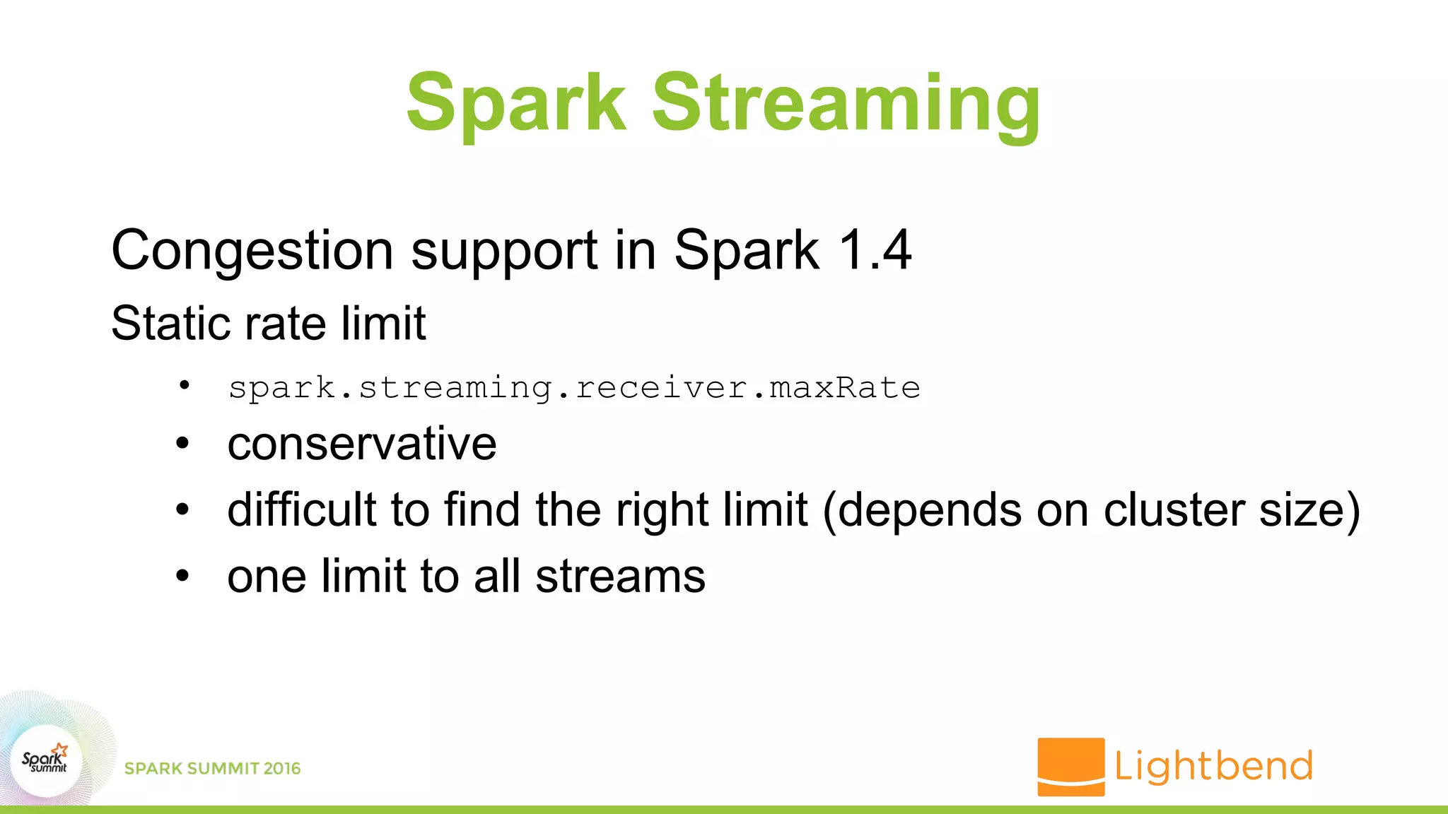 Spark Streaming
Congestion support in Spark 1.4
Static rate limit
• spark.streaming.receiver.maxRate
• conservative
• difficult to find the right limit (depends on cluster size)
• one limit to all streams
 