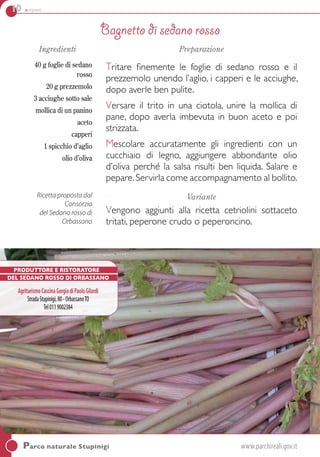 10 antipasti
Bagnetto di sedano rosso
Parco naturale Stupinigi	www.parchireali.gov.it
Ingredienti
40 g foglie di sedano
rosso
20 g prezzemolo
3 acciughe sotto sale
mollica di un panino
aceto
capperi
1 spicchio d’aglio
olio d’oliva
Ricetta proposta dal
Consorzio
del Sedano rosso di
Orbassano
Preparazione
Tritare finemente le foglie di sedano rosso e il
prezzemolo unendo l’aglio, i capperi e le acciughe,
dopo averle ben pulite.
Versare il trito in una ciotola, unire la mollica di
pane, dopo averla imbevuta in buon aceto e poi
strizzata.
Mescolare accuratamente gli ingredienti con un
cucchiaio di legno, aggiungere abbondante olio
d’oliva perché la salsa risulti ben liquida. Salare e
pepare.Servirla come accompagnamento al bollito.
Variante
Vengono aggiunti alla ricetta cetriolini sottaceto
tritati, peperone crudo o peperoncino.
Produttore e Ristoratore
del Sedano Rosso di Orbassano
AgriturismoCascinaGorgiadiPaoloGilardi
StradaStupinigi,80-OrbassanoTO
Tel0119002384
 