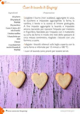 128 dolci
Parco naturale Stupinigi 	 www.parchireali.gov.it
Ingredienti
125 g burro
350 g farina di
Stupinigi
90 g zucchero
3 uova (1 intero, di 2
solo il tuorlo)
1 bustina vanillina
½ busta lievito per
dolci
1 limone
3 cucchiaini fiori
secchi di lavanda di
Stupinigi
Preparazione
Sciogliete il burro (non scaldato), aggiungete le uova,
lo zucchero e impastate aggiungendo la farina, la
vanillina, il lievito e la scorza di limone grattugiata.
A fine impasto aggiungete la lavanda e impastate
ancora, lasciando poi riposare l’impasto per mezzora
in frigorifero. Stendete poi l’impasto con il matterello
su carta da forno in modo che resti dello spessore di
circa mezzo centimetro, ritagliate i biscotti con una
formina a cuore.
Adagiate i biscotti ottenuti sulla teglia coperta con la
carta forno e infornate per 15 minuti a 180 °C.
I cuori di lavanda sono pronti per essere serviti.
Cuori di lavanda di Stupinigi
 