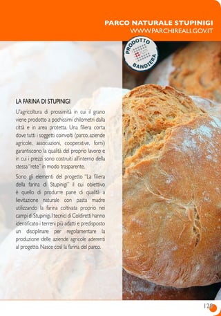 129129
la farina di stupinigi
U’agricoltura di prossimità in cui il grano
viene prodotto a pochissimi chilometri dalla
città e in area protetta. Una filiera corta
dove tutti i soggetti coinvolti (parco, aziende
agricole, associazioni, cooperative, forni)
garantiscono la qualità del proprio lavoro e
in cui i prezzi sono costruiti all’interno della
stessa “rete” in modo trasparente.
Sono gli elementi del progetto “La filiera
della farina di Stupinigi” il cui obiettivo
è quello di produrre pane di qualità a
lievitazione naturale con pasta madre
utilizzando la farina coltivata proprio nei
campi di Stupinigi.I tecnicidi Coldiretti hanno
identificato i terreni più adatti e predisposto
un disciplinare per regolamentare la
produzione delle aziende agricole aderenti
al progetto. Nasce così la farina del parco.
Parco naturale Stupinigi
www.parchireali.gov.it
 