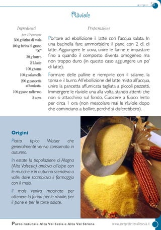 primi piatti 51
Origini
Piatto tipico Walser che
generalmente veniva consumato in
autunno.
In estate la popolazione di Alagna
(Alta Valsesia) andava all’alpe con
le mucche e in autunno scendeva a
valle, dove scambiava il formaggio
con il mais.
Il mais veniva macinato per
ottenere la farina per le ràviole, per
il pane e per le torte salate.
Parco naturale Alta Val Sesia e Alta Val Strona	 www.areeprotettevallesesia.it
Ingredienti
per 10 persone
500 g farina di mais
100 g farina di grano
“00”
30 g burro
2 L latte
100 g toma
100 g salamella
200 g pancetta
affumicata.
100 g pane raffermo
2 uova
Preparazione
Portare ad ebollizione il latte con l’acqua salata. In
una bacinella fare ammorbidire il pane con 2 dl. di
latte. Aggiungere le uova, unire le farine e impastare
fino a quando il composto diventa omogeneo ma
non troppo duro (in questo caso aggiungere un po’
di latte).
Formare delle palline e riempirle con il salame, la
toma e il burro.All’ebollizione del latte misto all’acqua,
unire la pancetta affumicata tagliata a piccoli pezzetti.
Immergere le ràviole una alla volta, stando attenti che
non si attacchino sul fondo. Cuocere a fuoco lento
per circa 1 ora (non mescolare mai le ràviole dopo
che cominciano a bollire, perché si disferebbero).
Ràviole
 