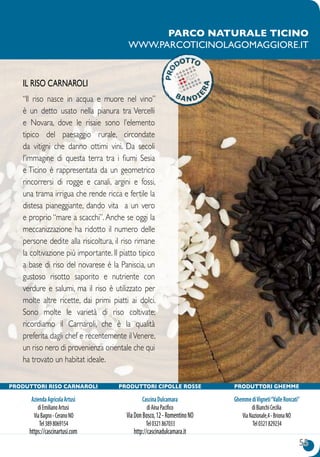 55
Il riso carnaroli
“Il riso nasce in acqua e muore nel vino”
è un detto usato nella pianura tra Vercelli
e Novara, dove le risaie sono l’elemento
tipico del paesaggio rurale, circondate
da vitigni che danno ottimi vini. Da secoli
l’immagine di questa terra tra i fiumi Sesia
e Ticino è rappresentata da un geometrico
rincorrersi di rogge e canali, argini e fossi,
una trama irrigua che rende ricca e fertile la
distesa pianeggiante, dando vita a un vero
e proprio “mare a scacchi”. Anche se oggi la
meccanizzazione ha ridotto il numero delle
persone dedite alla risicoltura, il riso rimane
la coltivazione più importante. Il piatto tipico
a base di riso del novarese è la Paniscia, un
gustoso risotto saporito e nutriente con
verdure e salumi, ma il riso è utilizzato per
molte altre ricette, dai primi piatti ai dolci.
Sono molte le varietà di riso coltivate;
ricordiamo il Carnaroli, che è la qualità
preferita dagli chef e recentemente ilVenere,
un riso nero di provenienza orientale che qui
ha trovato un habitat ideale.
parco naturale ticino
www.parcoticinolagomaggiore.it
produttori Riso Carnaroli
AziendaAgricolaArtusi
diEmilianoArtusi
ViaBagno-CeranoNO
Tel3898069154
https://cascinartusi.com
produttori cipolle rosse
CascinaDulcamara
diAinaPacifico
ViaDonBosco,12-RomentinoNO
Tel0321867033
http://cascinadulcamara.it
produttori Ghemme
GhemmediVigneti“ValleRoncati”
diBianchiCecilia
ViaNazionale,4-BrionaNO
Tel0321829234
 