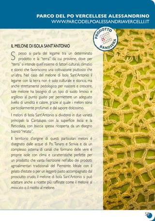 59
Parco del Po vercellese alessandrino
www.parcodelpoalessandriavercelli.it
Il melone di Isola Sant’Antonio
S pesso si parla del legame tra un determinato
prodotto e la “terra” da cui proviene, dove per
“terra” si intende quell’insieme di fattori culturali, climatici
e storici che favoriscono una coltivazione piuttosto che
un’altra. Nel caso del melone di Isola Sant’Antonio il
legame con la terra non è solo culturale e storico, ma
anche strettamente pedologico: per nascere e crescere,
tale melone ha bisogno di un tipo di suolo limoso e
argilloso al punto giusto per permettere un adeguato
livello di umidità e calore, grazie al quale i meloni sono
particolarmente profumati e dal sapore dolcissimo.
I meloni di Isola Sant’Antonio si dividono in due varietà
principali: la Cantalupo, con la superficie liscia e la
Reticolata, con buccia spessa ricoperta da un disegno
bianco “retato”.
Il territorio d’origine di questi particolari meloni è
disegnato dalle acque di Po, Tanaro e Scrivia e da un
complesso sistema di canali che formano delle vere e
proprie isole con clima e caratteristiche perfette per
un prodotto che vanta l’iscrizione nell’albo dei prodotti
agroalimentari tradizionali del Piemonte. Ideale con il
gelato d’estate o per un leggero pasto accompagnato dal
prosciutto crudo, il melone di Isola Sant’Antonio si può
adattare anche a ricette più raffinate come il melone al
moscato o il risotto al melone.
 