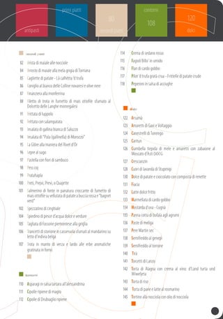 secondi piatti
contorni
dolci
80
	 	 secondi piatti
	82	 Arista di maiale alle nocciole
	84	 Arrosto di maiale alla mela grigia di Torriana
	85	 Cagliette di patate - Lâ calhètta ‘d trufa
	86	 Coniglio al bianco delle Colline novaresi e olive nere
	87	 Finanziera alla monferrina
	88	 Filetto di trota in fumetto di mais ottofile sfumato al
dolcetto delle Langhe monregalesi
	91	 Frittata di luppolo
	92	 Frittata con salampatata
	93	 Insalata di gallina bianca di Saluzzo
	94	 Insalata di “Pula (gallinella) di Morozzo”
	95	 La Glôre alla maniera del Rivet d’Or
	96	 Lepre al sugo
	97	 Pastella con fiori di sambuco
	98	 Pess coj
	99	 Pratahapla
	100	 Preti, Prejvi, Previ, o Quajette
	101	 Salmerino di fonte in panatura croccante di fumetto di
maisottofilesuvellutatadipatateabucciarossae“bagnet
verd”
	102	 Spezzatino di cinghiale
	104	 Spiedino di pesce d’acqua dolce e verdure
	105	 Tagliata di Fassone piemontese alla griglia
	106	 Trancettidistorioneincasseruolasfumatialmandarinosu
letto d’indivia belga
	107	 Trota in manto di verza e lardo alle erbe aromatiche
gratinata in forno	
	 	
	
	 	 contorni
	110	 Asparagi in salsa tartara all’alessandrina
	111	 Cipolle ripiene di magro
	112	 Cipolle di Drubiaglio ripiene
114	 	 Crema di sedano rosso
115	 	 Fagioli billo’ in umido
116	 	 Flan di cardo gobbo
117	 	 Pilot ‘d trufa gratà crua - frittelle di patate crude
118	 	 Peperoni in salsa di acciughe
	 	
	 	 dolci
	 122	 Arsumà
	123	 Amaretti di Gavi e Voltaggio
	124	 Canestrelli di Tonengo
	125	Caritun
	126	 Ciambella tiepida di mele e amaretti con zabaione al
Moscato d’Asti DOCG
	127	 Crescianzin
	128	 Cuori di lavanda di Stupinigi
	130	 Dolce di patate e cioccolato con composta di renette
	131	 Fiacia
	132	 Latte dolce fritto
	133	 Marmellata di cardo gobbo
	134	 Mostarda d’uva - Cugnà
	135	 Panna cotta di bufala agli agrumi
	136	Paste di meliga
	137	 Pere Martin sec
	138	 Semifreddo al genepì
	139	 Semifreddo al torrone
	140		Tirà
	141	 Torcetti di Lanzo
	142	 Torta di Alagna con crema al vino: d’Land turta und
Wiweljeta
	143	 Torta di riso
	144		Torta di pane e latte al rosmarino
	145	 Tortino alla nocciola con olio di nocciola
	 	
108
120
primi piatti
antipasti
 