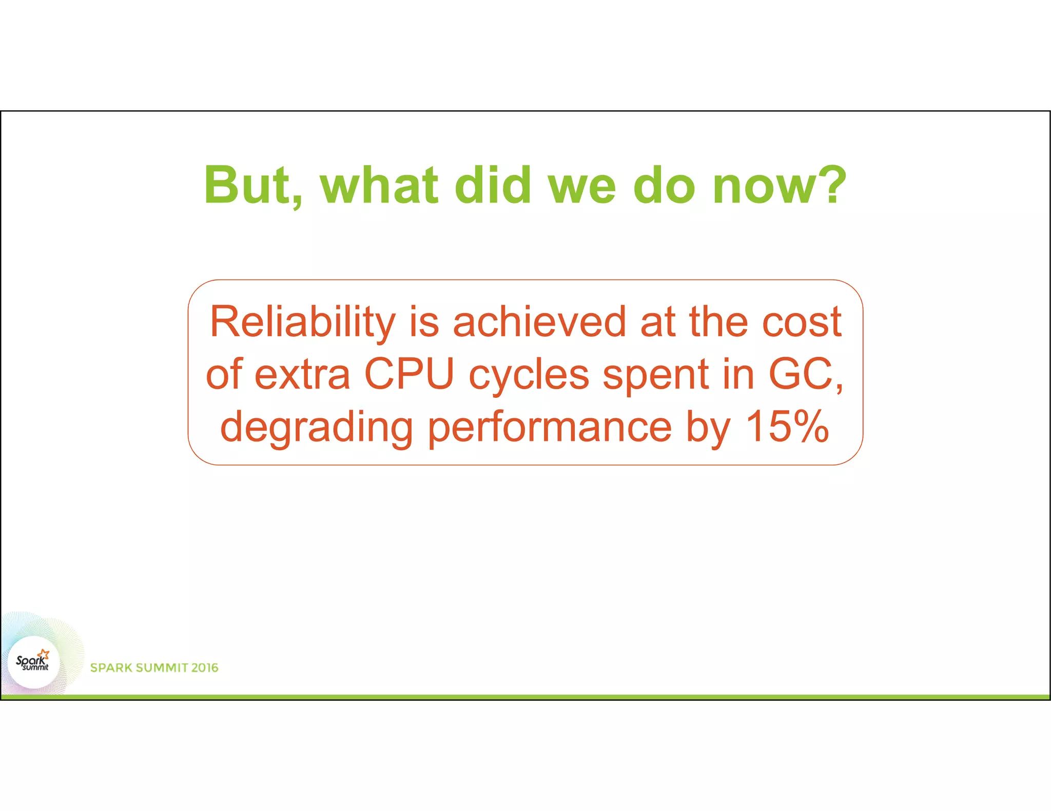 But, what did we do now?
Reliability is achieved at the cost
of extra CPU cycles spent in GC,
degrading performance by 15%
 