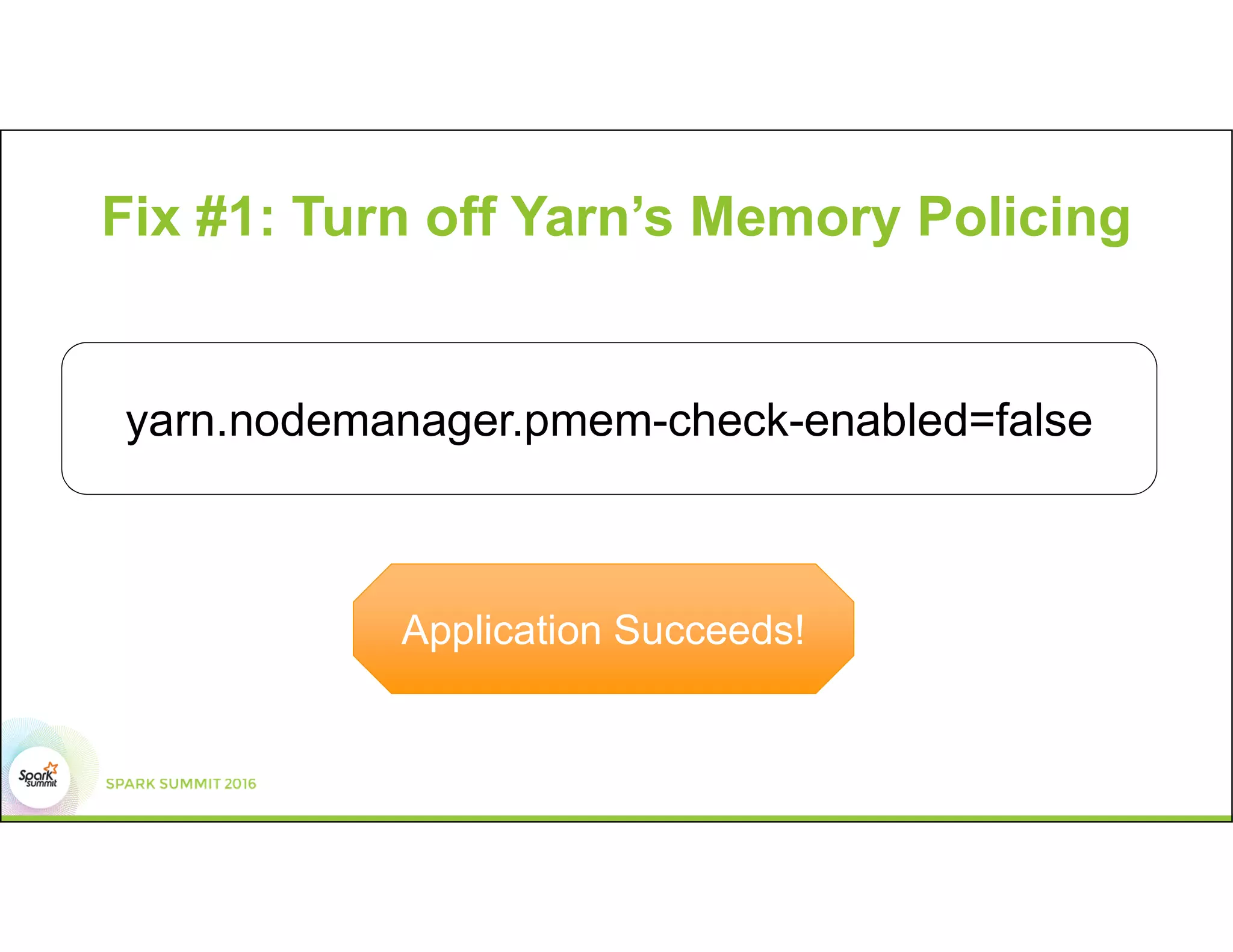 Fix #1: Turn off Yarn’s Memory Policing
yarn.nodemanager.pmem-check-enabled=false
Application Succeeds!
 