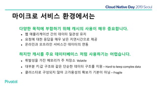 마이크로 서비스 환경에서는
다양한 목적에 부합하기 위해 캐시의 사용이 매우 중요합니다.
● 웹 애플리케이션 간의 데이터 일관성 유지
● 요청에 대한 응답을 매우 낮은 지연시간으로 제공
● 온라인과 오프라인 서비스간 데이터의 연동
하지만 캐시를 주요 데이터베이스 처럼 사용하기는 어렵습니다.
● 휘발성을 가진 메모리가 주 저장소 Volatile
● 대부분 키:값 구조와 같은 단순한 데이터 구조를 지원 – Hard to keep complex data
● 클러스터로 구성되지 않아 고가용성의 확보가 기본이 아님 – Fragile
 