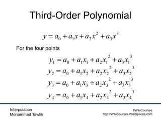 Interpolation
Mohammad Tawfik
#WikiCourses
http://WikiCourses.WikiSpaces.com
Third-Order Polynomial
3
3
2
210 xaxaxaay +++=
For the four points
3
13
2
121101 xaxaxaay +++=
3
23
2
222102 xaxaxaay +++=
3
33
2
323103 xaxaxaay +++=
3
43
2
424104 xaxaxaay +++=
 