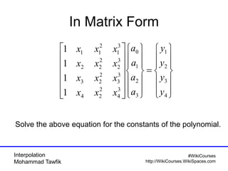 Interpolation
Mohammad Tawfik
#WikiCourses
http://WikiCourses.WikiSpaces.com
In Matrix Form














=




























4
3
2
1
3
2
1
0
3
4
2
24
3
3
2
23
3
2
2
22
3
1
2
11
1
1
1
1
y
y
y
y
a
a
a
a
xxx
xxx
xxx
xxx
Solve the above equation for the constants of the polynomial.
 