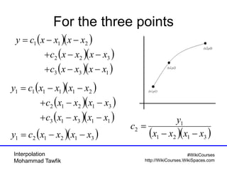 Interpolation
Mohammad Tawfik
#WikiCourses
http://WikiCourses.WikiSpaces.com
For the three points
( )( )
( )( )
( )( )133
322
211
xxxxc
xxxxc
xxxxcy
−−+
−−+
−−=
( )( )
( )( )
( )( )11313
31212
211111
xxxxc
xxxxc
xxxxcy
−−+
−−+
−−=
( )( )312121 xxxxcy −−= ( )( )3121
1
2
xxxx
y
c
−−
=
 