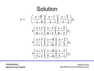 Interpolation
Mohammad Tawfik
#WikiCourses
http://WikiCourses.WikiSpaces.com
Solution
4
3
2
1
12
1
02
0
12
1
21
2
01
0
11
1
20
2
10
1
10
1
21
2
11
1
01
0
y
xxx
y
xxx
y
xxx
y
xxx
y






−
−






−
−






+
+
+






−
−






−
−






+
+
+






−
−






−
−






+
+
+






−−
−






−−
−






−−
−
=
 