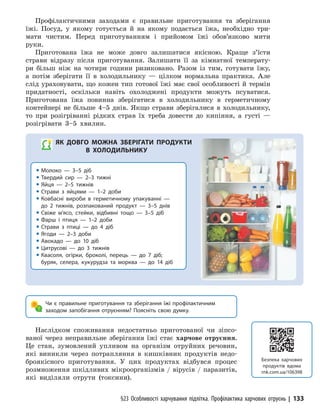 §23 Особливості харчування підлітка. Профілактика харчових отруєнь | 133
Профілактичними заходами є правильне приготування та зберігання
їжі. Посуд, у якому готується й на якому подається їжа, необхідно три-
мати чистим. Перед приготуванням і прийомом їжі обов’язково мити
руки.
Приготована їжа не може довго залишатися якісною. Краще з’їсти
страви відразу після приготування. Залишати її за кімнатної температу-
ри більш ніж на чотири години ризиковано. Разом із тим, готувати їжу,
а потім зберігати її в холодильнику — цілком нормальна практика. Але
слід ураховувати, що кожен тип готової їжі має свої особливості й термін
придатності, оскільки навіть охолоджені продукти можуть псуватися.
Приготована їжа повинна зберігатися в холодильнику в герметичному
контейнері не більше 4–5 днів. Якщо страви зберігалися в холодильнику,
то при розігріванні рідких страв їх треба довести до кипіння, а густі —
розігрівати 3–5 хвилин.
ЯК ДОВГО МОЖНА ЗБЕРІГАТИ ПРОДУКТИ
В ХОЛОДИЛЬНИКУ
y Молоко — 3–5 діб
y Твердий сир — 2–3 тижні
y Яйця — 2–5 тижнів
y Страви з яйцями — 1–2 доби
y Ковбасні вироби в герметичному упакуванні —
до 2 тижнів, розпакований продукт — 3–5 днів
y Свіже м’ясо, стейки, відбивні тощо — 3–5 діб
y Фарш і птиця — 1–2 доби
y Страви з птиці — до 4 діб
y Ягоди — 2–3 доби
y Авокадо — до 10 діб
y Цитрусові — до 3 тижнів
y Квасоля, огірки, броколі, перець — до 7 діб;
буряк, селера, кукурудза та морква — до 14 діб
Чи є правильне приготування та зберігання їжі профілактичним
заходом запобігання отруєнням? Поясніть свою думку.
Безпека харчових
продуктів вдома
rnk.com.ua/106398
Наслідком споживання недостатньо приготованої чи зіпсо-
ваної через неправильне зберігання їжі стає харчове отруєння.
Це стан, зумовлений упливом на організм отруйних речовин,
які виникли через потрапляння в кишківник продуктів недо-
броякісного приготування. У цих продуктах відбувся процес
розмноження шкідливих мікроорганізмів / вірусів / паразитів,
які виділяли отрути (токсини).
 