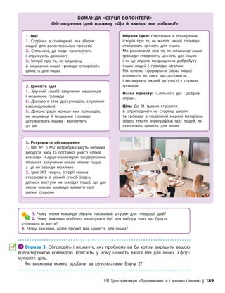 §31 Урок-практикум «Підприємливість і допомога іншим» | 189
1. Ідеї
1. Сторінка в соцмережі, яка збирає
людей для волонтерських проєктів
2. Спільнота, де люди пропонують
і отримують допомогу
3. Історії про те, як мешканці
й мешканки нашої громади створюють
цінність для інших
3. Результати обговорення
1. Ідеї №1 і №2 потребуватимуть великих
ресурсів часу та постійної участі членів
команди «Серця-волонтери» (модерування
спільнот, залучення нових членів тощо),
а це не завжди можливо
2. Ідея №3 творча, історії можна
створювати в різний спосіб (відео,
дописи, виступи на заходах тощо), що дає
змогу членам команди виявити свої
сильні сторони
Обрали ідею: Створення й поширення
історій про те, як жителі нашої громади
створюють цінність для інших.
Ми розкажемо про те, як мешканці нашої
громади створюють цінність для інших
і як це сприяє покращенню добробуту
інших людей і громади загалом.
Ми хочемо сформувати образ нашої
спільноти, як такої, що допомагає,
і мотивувати людей до участі у справах
громади.
Назва проєкту: «Спільнота дій і добрих
справ».
Ціль: До 31 травня створити
й оприлюднити на сторінці школи
та громади в соціальній мережі матеріали
(відео, тексти, інфографіка) про людей, які
створюють цінність для інших.
1. Чому члени команди обрали «мозковий штурм» для генерації ідей?
2. Чому важливо всебічно аналізувати ідеї для вибору того, що будуть
утілювати в життя?
3. Чому важливо, щоби проєкт мав цінність для інших?
КОМАНДА «СЕРЦЯ-ВОЛОНТЕРИ»
Обговорення ідей проєкту «Що й навіщо ми робимо?»
2. Цінність ідеї
1. Зручний спосіб залучення мешканців
і мешканок громади
2. Допомога стає доступнішою, сприяння
взаємодопомозі
3. Демонстрація конкретних прикладів,
як мешканці й мешканки громади
допомагають іншим і мотивують
до дій
→ Вправа 3. Обговоріть і визначте, яку проблему ви би хотіли вирішити вашою
волонтерською командою. Поясніть, у чому цінність вашої ідеї для інших. Сфор-
мулюйте ціль.
Які висновки можна зробити за результатами Етапу 2?
 