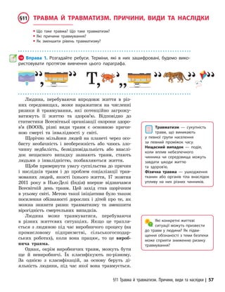 §11 Травма й травматизм. Причини, види та наслідки | 57
→ Вправа 1. Розгадайте ребуси. Терміни, які в них зашифровані, будемо вико-
ристовувати протягом вивчення цього параграфа.
y Що таке травма? Що таке травматизм?
y Які причини травмування?
y Як зменшити рівень травматизму?
Травматизм — сукупність
травм, що виникають
у певної групи населення
за певний проміжок часу.
Нещасний випадок — подія,
коли вплив небезпечного
чинника чи середовища можуть
завдати шкоди життю
та здоров’ю.
Фізична травма — ушкодження
тканин або органів тіла внаслідок
упливу на них різних чинників.
ТРАВМА Й ТРАВМАТИЗМ. ПРИЧИНИ, ВИДИ ТА НАСЛІДКИ
§11
Які конкретні життєві
ситуації можуть призвести
до травм у люди­
ни? Як підви-
щення обізнаності з теми безпеки
може сприяти зниженню ризику
травмування?
Людина, перебуваючи впродовж життя в різ-
них середовищах, може наражатися на численні
ри­
зики й травмування, які потенційно загро­
жу­
ватимуть її життю та здоров’ю. Відповідно до
статистики Всесвітньої організації охорони здоро­
в’я (ВООЗ), різні види травм є основною причи-
ною смерті та інвалідності у світі.
Щорічно мільйони людей на планеті через осо-
бисту необачність і необережність або чиюсь зло-
чинну недбалість, безвідповідальність або внаслі-
док нещасного випадку зазнають травм, стають
людьми з інвалідністю, позбавляються життя.
Щоби привернути увагу суспільства до причин
і наслідків травм і до проблем соціалізації трав-
мованих людей, якості їхнього життя, 17 жовтня
2011 року в Нью-Делі (Індія) вперше відзначався
Всесвітній день травм. Цей захід став щорічним
в усьому світі. Метою такої ініціативи було також
посилення обізнаності дорослих і дітей про те, як
можна знизити ризик травматизму та зменшити
вірогідність смертельних випадків.
Людина може травмуватися, перебуваючи
в різних життєвих ситуаціях. Якщо це трапля-
ється з людиною під час виробничого процесу (на
промисловому підприємстві, сільськогосподар-
ських роботах), коли вона працює, то це вироб­
нича травма.
Однак, окрім виробничих травм, можуть бути
ще й невиробничі. Їх класифікують по-різному.
За однією з класифікацій, за основу беруть ді-
яльність людини, під час якої вона травмується.
 