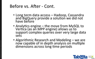 Copyright©2016	The	Nielsen	Company.	Conﬁden4al	and	Proprietary.	
•  Long	term	data	access	–	Hadoop,	Cassandra	
and	BigQuery	provide	a	solu4on	we	did	not	
have	before	
•  Analy4cs	engine	–	the	move	from	MySQL	to	
Ver4ca	(as	an	MPP	engine)	allows	us	to	
support	complex	queries	over	very	large	data	
sets	
•  Algorithmic	Research	and	Modeling	–	we	are	
now	capable	of	in	depth	analysis	on	mul4ple	
dimensions	across	long	4me	periods	
Before	vs.	Ayer	-	Cont.	
 