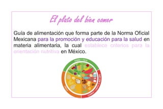 El plato del bien comer
Guía de alimentación que forma parte de la Norma Oficial
Mexicana para la promoción y educación para la salud en
materia alimentaria, la cual establece criterios para la
orientación nutritiva en México.
 
