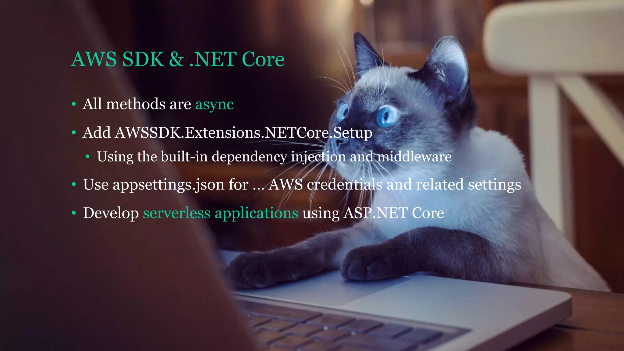 AWS SDK & .NET Core
• All methods are async
• Add AWSSDK.Extensions.NETCore.Setup
• Using the built-in dependency injection and middleware
• Use appsettings.json for … AWS credentials and related settings
• Develop serverless applications using ASP.NET Core
 
