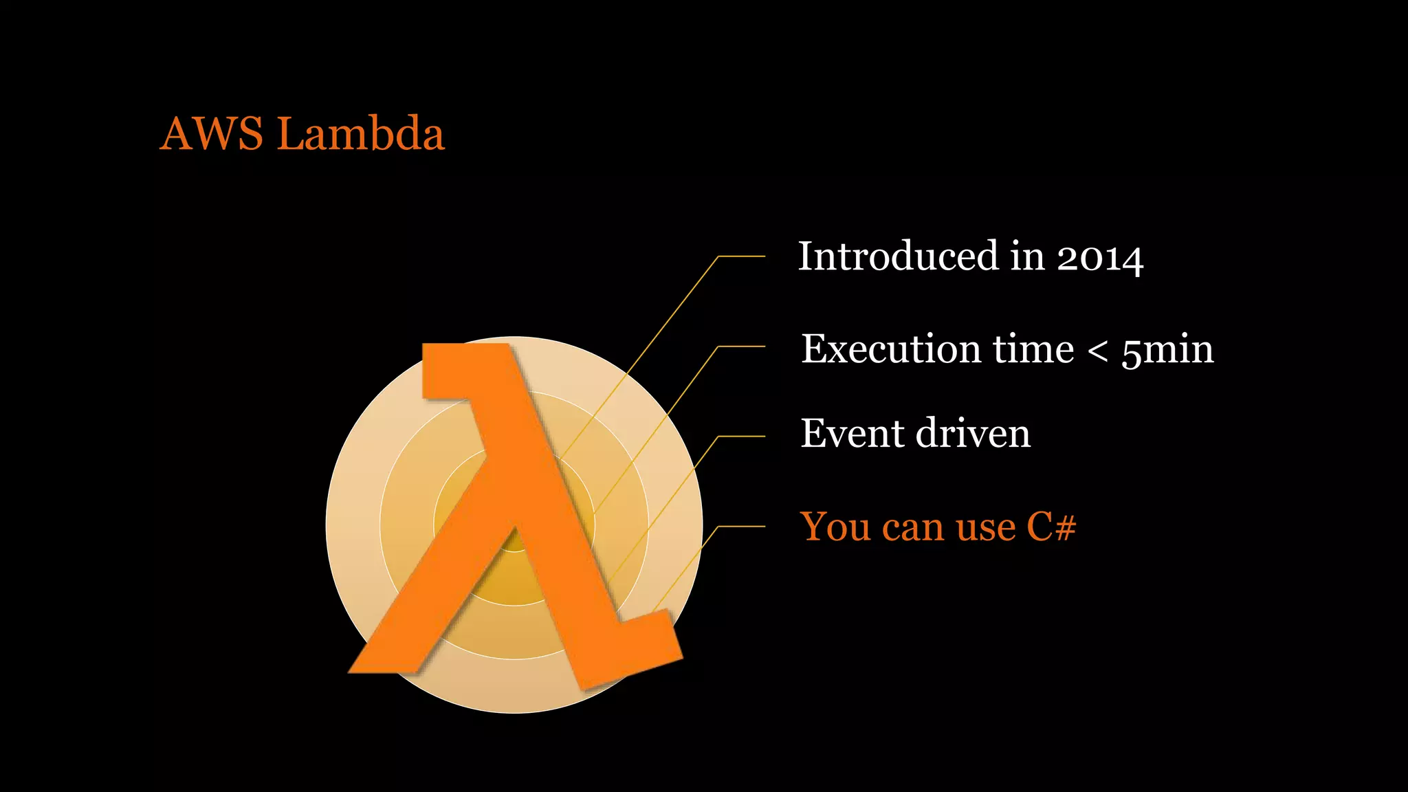 AWS Lambda
Introduced in 2014
Execution time < 5min
Event driven
You can use C#
 