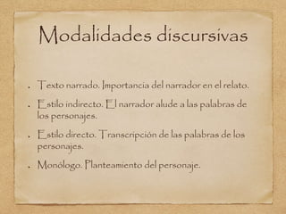Modalidades discursivas 
Texto narrado. Importancia del narrador en el relato. 
Estilo indirecto. El narrador alude a las palabras de 
los personajes. 
Estilo directo. Transcripción de las palabras de los 
personajes. 
Monólogo. Planteamiento del personaje. 
 