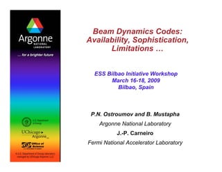 Beam Dynamics Codes:
Availability, Sophistication,
      Limitations …


  ESS Bilbao Initiative Workshop
       March 16-18, 2009
          Bilbao, Spain



 P.N. Ostroumov and B. Mustapha
    Argonne National Laboratory
           J.-P. Carneiro
Fermi National Accelerator Laboratory
 