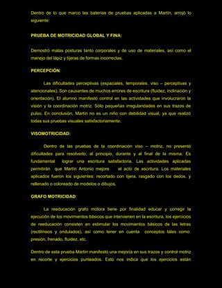Dentro de lo que marco las baterías de pruebas aplicadas a Martín, arrojó lo
siguiente:


PRUEBA DE MOTRICIDAD GLOBAL Y FINA:


Demostró malas posturas tanto corporales y de uso de materiales, así como el
manejo del lápiz y tijeras de formas incorrectas.

PERCEPCIÓN:

       Las dificultades perceptivas (espaciales, temporales, viso – perceptivas y
atencionales). Son causantes de muchos errores de escritura (fluidez, inclinación y
orientación). El alumno manifestó control en las actividades que involucraron la
visión y la coordinación motriz. Sólo pequeñas irregularidades en sus trazos de
pulso. En conclusión, Martín no es un niño con debilidad visual, ya que realizó
todas sus pruebas visuales satisfactoriamente.

VISOMOTRICIDAD:

       Dentro de las pruebas de la coordinación viso – motriz, no presentó
dificultades para resolverlo; al principio, durante y al final de la misma. Es
fundamental      lograr una escritura satisfactoria. Las actividades aplicadas
permitirán   que Martín Antonio mejore        el acto de escritura. Los materiales
aplicados fueron los siguientes: recortado con tijera, rasgado con los dedos, y
rellenado o coloreado de modelos o dibujos.

GRAFO MOTRICIDAD:

       La reeducación grafo motora tiene por finalidad educar y corregir la
ejecución de los movimientos básicos que intervienen en la escritura, los ejercicios
de reeducación consisten en estimular los movimientos básicos de las letras
(rectilíneos y ondulados), así como tener en cuenta        conceptos tales como:
presión, frenado, fluidez, etc.

Dentro de esta prueba Martín manifestó una mejoría en sus trazos y control motriz
en recorte y ejercicios punteados. Esto nos indica que los ejercicios están
 