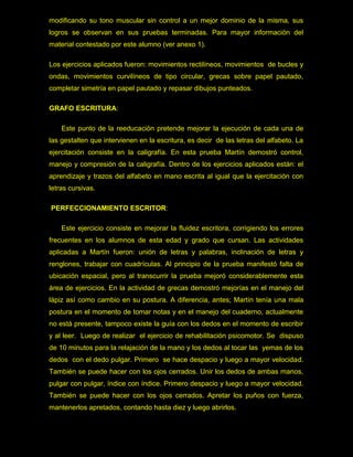 modificando su tono muscular sin control a un mejor dominio de la misma, sus
logros se observan en sus pruebas terminadas. Para mayor información del
material contestado por este alumno (ver anexo 1).

Los ejercicios aplicados fueron: movimientos rectilíneos, movimientos de bucles y
ondas, movimientos curvilíneos de tipo circular, grecas sobre papel pautado,
completar simetría en papel pautado y repasar dibujos punteados.

GRAFO ESCRITURA:

    Este punto de la reeducación pretende mejorar la ejecución de cada una de
las gestalten que intervienen en la escritura, es decir de las letras del alfabeto. La
ejercitación consiste en la caligrafía. En esta prueba Martín demostró control,
manejo y compresión de la caligrafía. Dentro de los ejercicios aplicados están: el
aprendizaje y trazos del alfabeto en mano escrita al igual que la ejercitación con
letras cursivas.

PERFECCIONAMIENTO ESCRITOR:

    Este ejercicio consiste en mejorar la fluidez escritora, corrigiendo los errores
frecuentes en los alumnos de esta edad y grado que cursan. Las actividades
aplicadas a Martín fueron: unión de letras y palabras, inclinación de letras y
renglones, trabajar con cuadrículas. Al principio de la prueba manifestó falta de
ubicación espacial, pero al transcurrir la prueba mejoró considerablemente esta
área de ejercicios. En la actividad de grecas demostró mejorías en el manejo del
lápiz así como cambio en su postura. A diferencia, antes; Martín tenía una mala
postura en el momento de tomar notas y en el manejo del cuaderno, actualmente
no está presente, tampoco existe la guía con los dedos en el momento de escribir
y al leer. Luego de realizar el ejercicio de rehabilitación psicomotor. Se dispuso
de 10 minutos para la relajación de la mano y los dedos al tocar las yemas de los
dedos con el dedo pulgar. Primero se hace despacio y luego a mayor velocidad.
También se puede hacer con los ojos cerrados. Unir los dedos de ambas manos,
pulgar con pulgar, índice con índice. Primero despacio y luego a mayor velocidad.
También se puede hacer con los ojos cerrados. Apretar los puños con fuerza,
mantenerlos apretados, contando hasta diez y luego abrirlos.
 