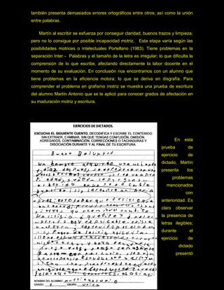 también presenta demasiados errores ortográficos entre otros; así como la unión
entre palabras.

    Martín al escribir se esfuerza por conseguir claridad, buenos trazos y limpieza;
pero no lo consigue por posible incapacidad motriz.     Esta etapa varía según las
posibilidades motrices o intelectuales Portellano (1983). Tiene problemas en la
separación Inter - Palabras y el tamaño de la letra es irregular; lo que dificulta la
comprensión de lo que escribe, afectando directamente la labor docente en el
momento de su evaluación. En conclusión nos encontramos con un alumno que
tiene problemas en la eficiencia motora; lo que se deriva en disgrafía. Para
comprender el problema en grafismo motriz se muestra una prueba de escritura
del alumno Martín Antonio que se le aplicó para conocer grados de afectación en
su maduración motriz y escritura.




                                                                            En    esta
                                                                    prueba          de
                                                                    ejercicio       de
                                                                    dictado, Martín
                                                                    presenta        los
                                                                            problemas
                                                                       mencionados
                                                                                   con
                                                                    anterioridad. Es
                                                                    claro    observar
                                                                    la presencia de
                                                                    letras ilegibles;
                                                                    durante          el
                                                                    ejercicio       de
                                                                                dictado
                                                                             presentó
 