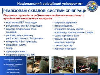 Підготовка студентів за робітничими спеціальностями спільно з профільними навчальними закладами.  монтажник РЕА і приладів; регулювальник РЕА і приладів; слюсар-складальник РЕА і приладів; радіомеханік з ремонту радіоелектронного обладнання; контролер РЕА і приладів; оператор ПЕОМ; токар; фрезерувальник; оператор верстатів з ПК. секретар керівника,  офіс менеджер,  спеціаліст відділу кадрів  продавець продовольчих товарів касир торгового залу  бармен та офіціант манікюр-педикюр  кухар-кондитер перукар-універсал  Національний Авіаційний Університет пр. Космонавта Комарова, 1 Київ, Україна  [email_address] тел. (044) 406-79-01   Національний авіаційний університет РЕАЛІЗОВАНІ СКЛАДОВІ СИСТЕМИ СПІВПРАЦІ: 