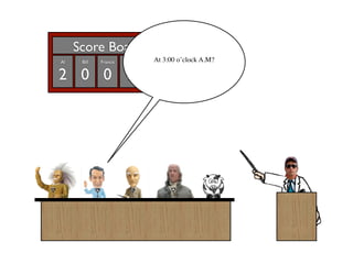 Score Board
Al    Bill   Francis   Ben     At
                             Sue    3:00 o’clock A.M?

2 0 0 0 0
 